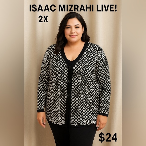 Isaac Mizrahi Sweaters - Isaac Mizrahi Live Cardigan Women’s 2X Black White Geometric Button Front